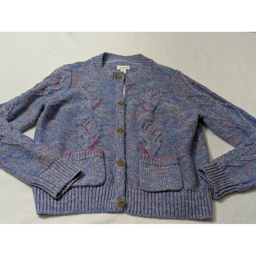 Sundance Sweater Cable Knit Cardigan Grandmacore Purple Sz Large Pockets - Picture 7 of 11